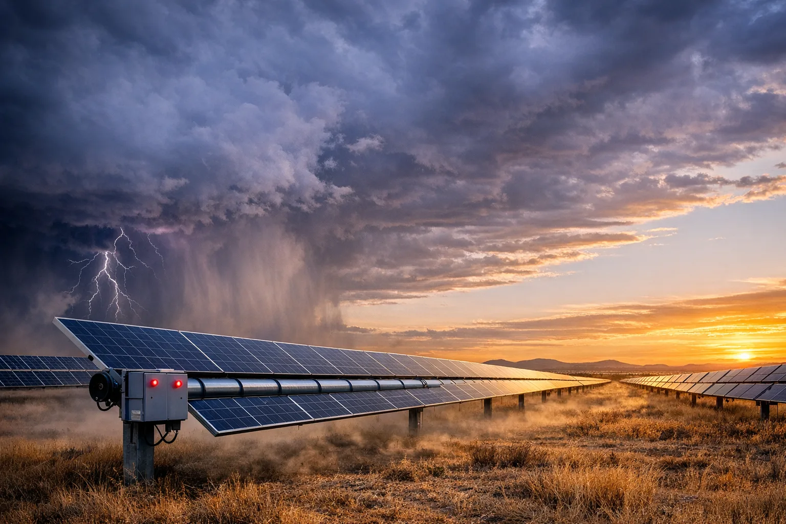 Storm clouds over a utility-scale solar tracker field, representing TrackLab automated stow-for-safety weather response.