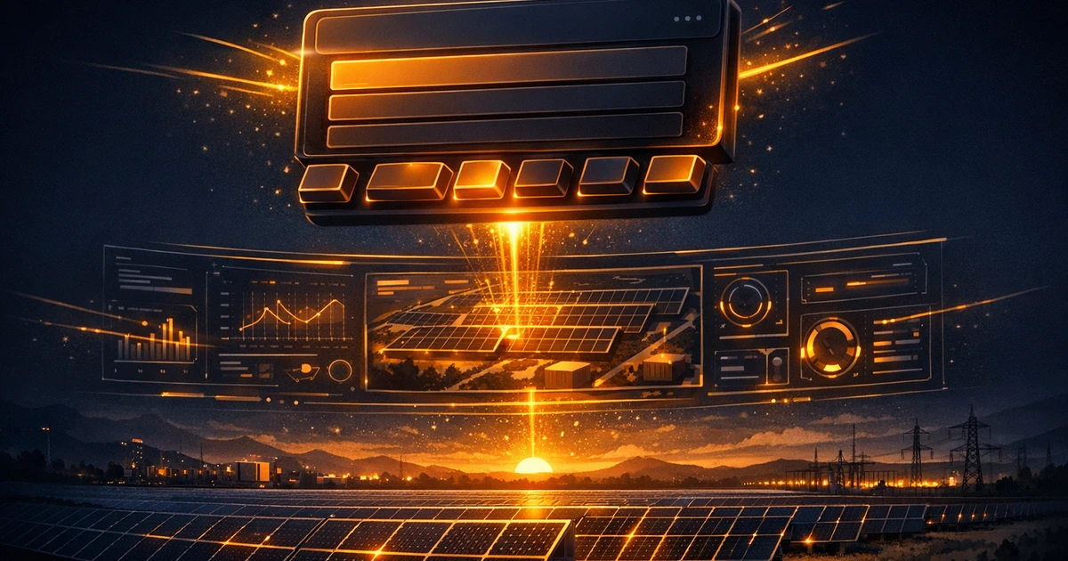 Illustration of a keyboard-driven command palette over a solar operations dashboard, representing the TrackLab shortcut guide.